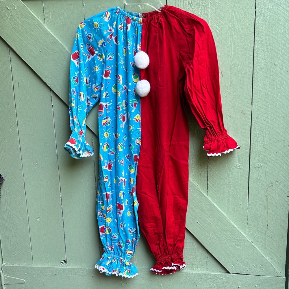 Vintage Clown Costume with Pom Poms - Red & Bright Blue
